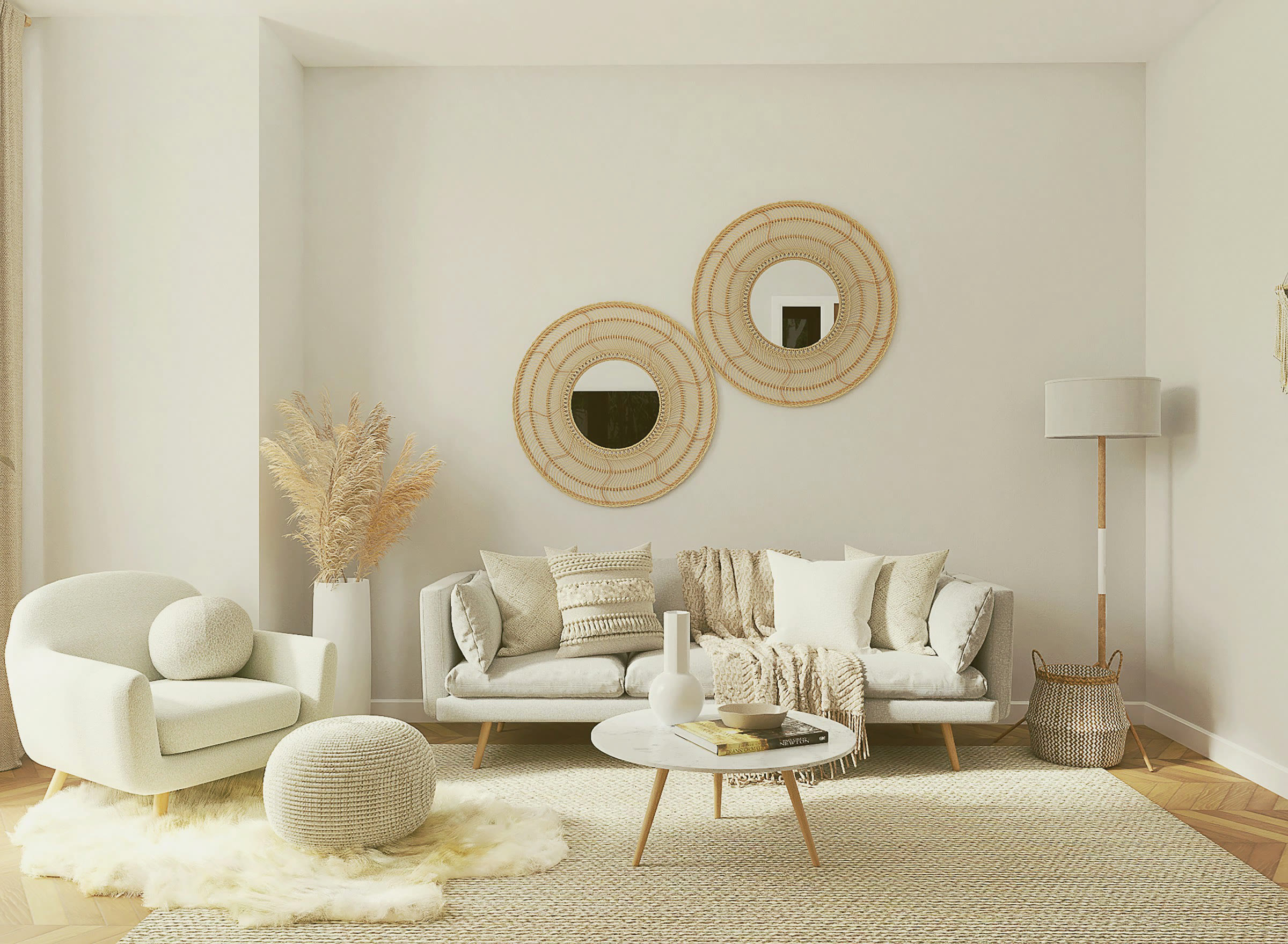 A calm living room in warm, natural tones